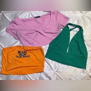 Pink Crop Top, Green Halter Top, and Orange Miami Skirt Set